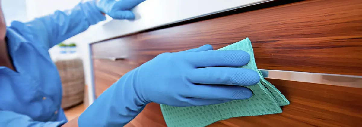 Cleaner wearing blue gloves wiping a wooden cabinet drawer with a microfiber cloth for dust and grime removal, Yonkers, NY.